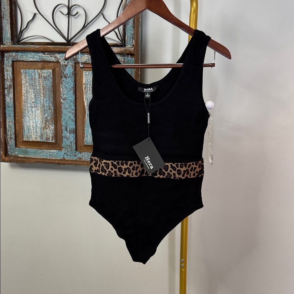 Hera Collection Black Ribbed leopard print bodysuit NWT L